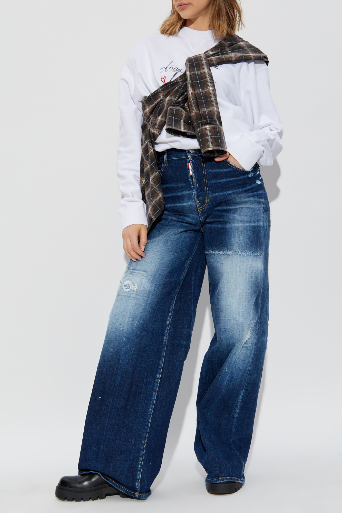 【関税&送料込】Dsquared Stretch Denim Traveller Wide-Leg Je DSQUARED2 Traveller Medium Rise Denim Wide Jeans Dsquared2